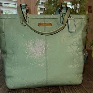Pre- loved Coach vintage patent embossed leather satchel in a beautiful  aqua.